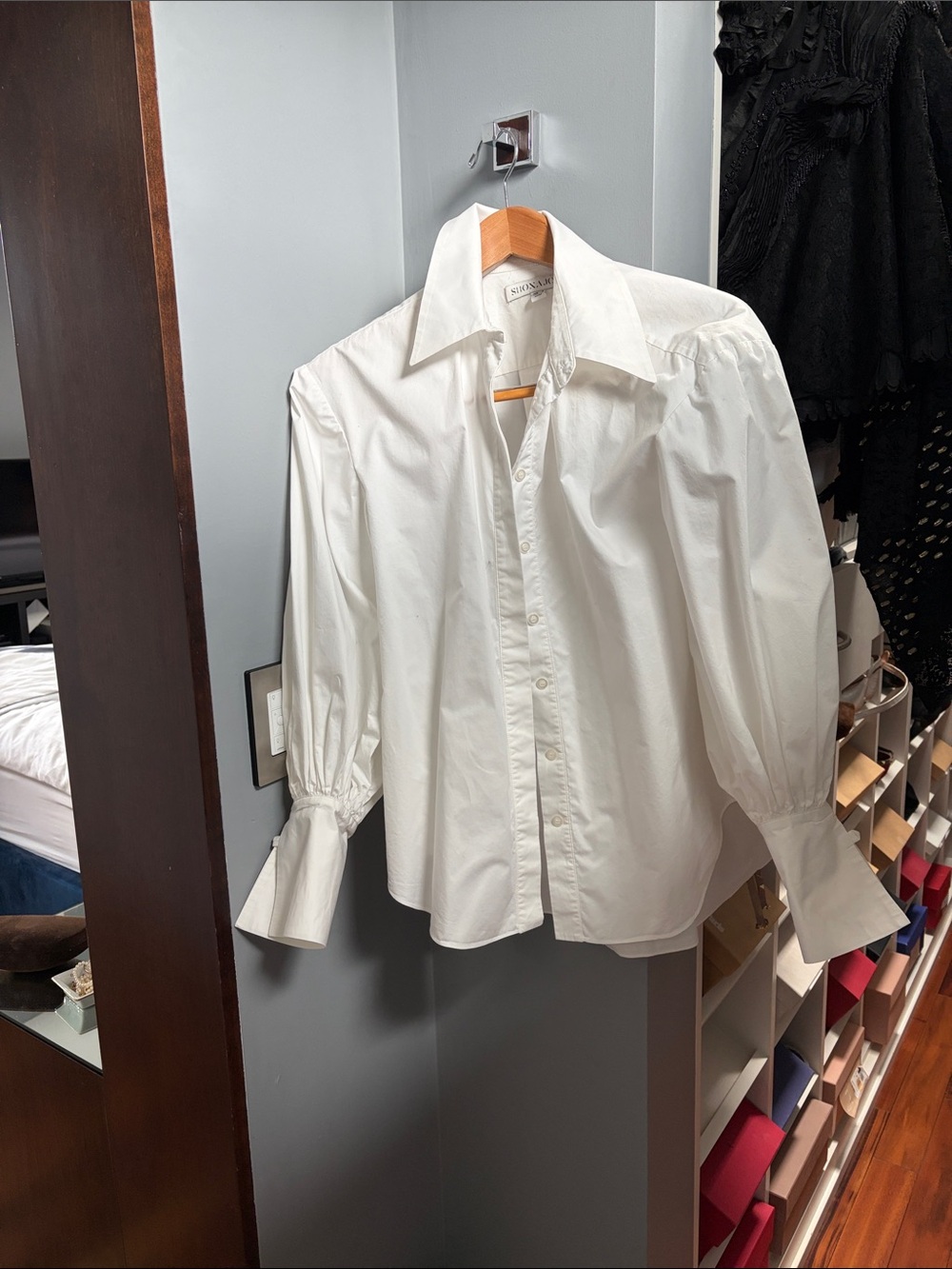 Shona Joy White Cotton Button-Up Blouse with Puff Sleeves